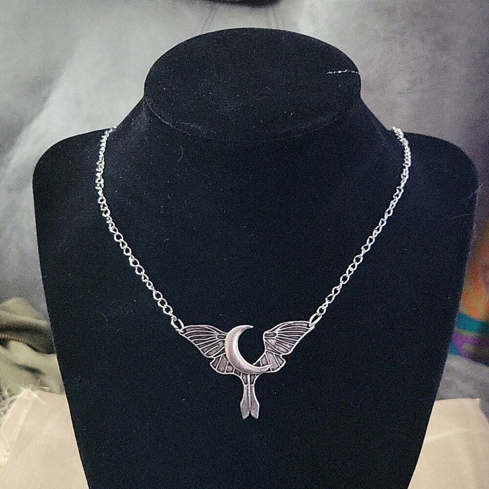 witchy lunar moth necklace, stainless steel chain - Picture 2 of 4